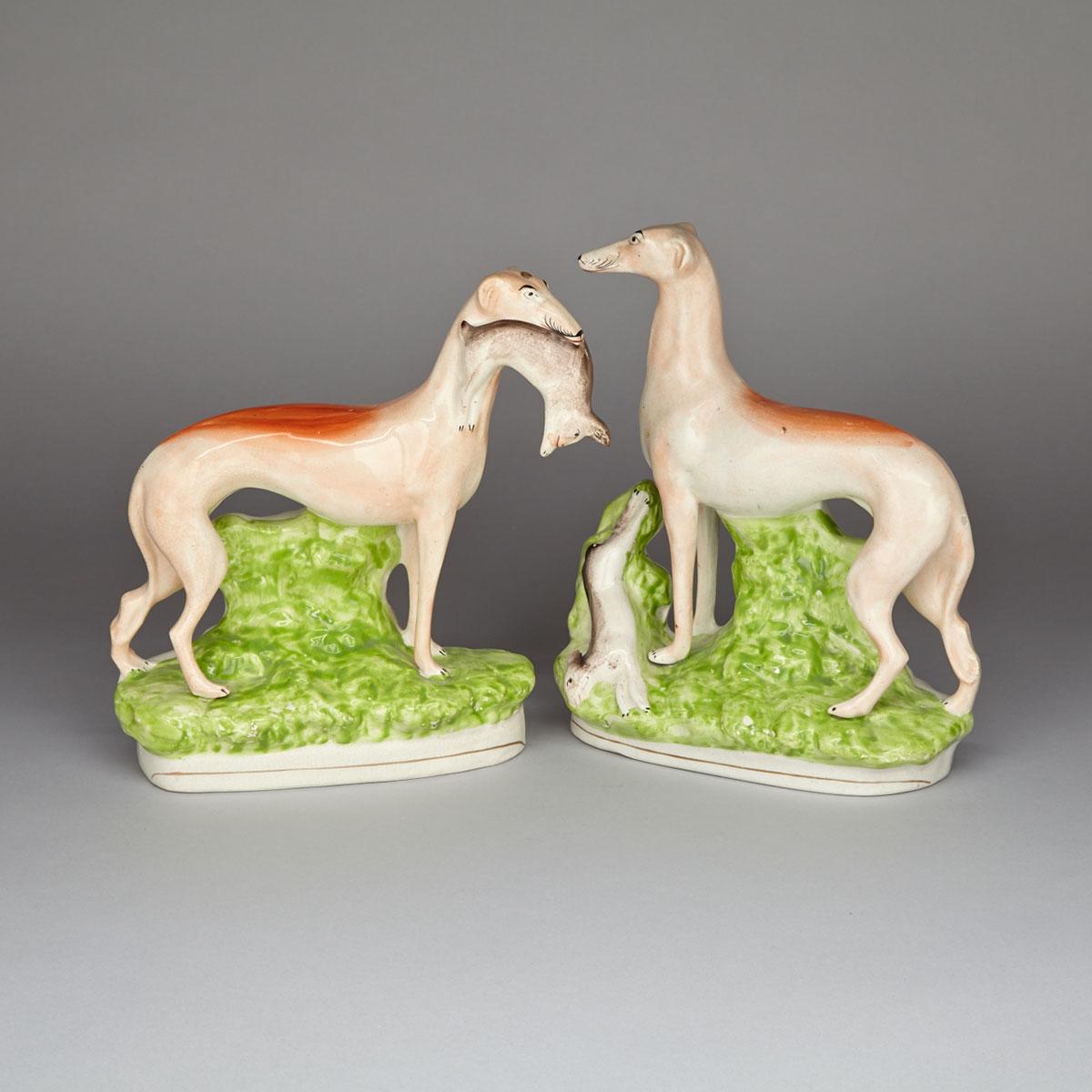 Pair of Staffordshire Models of Greyhounds with Hares, 19th century