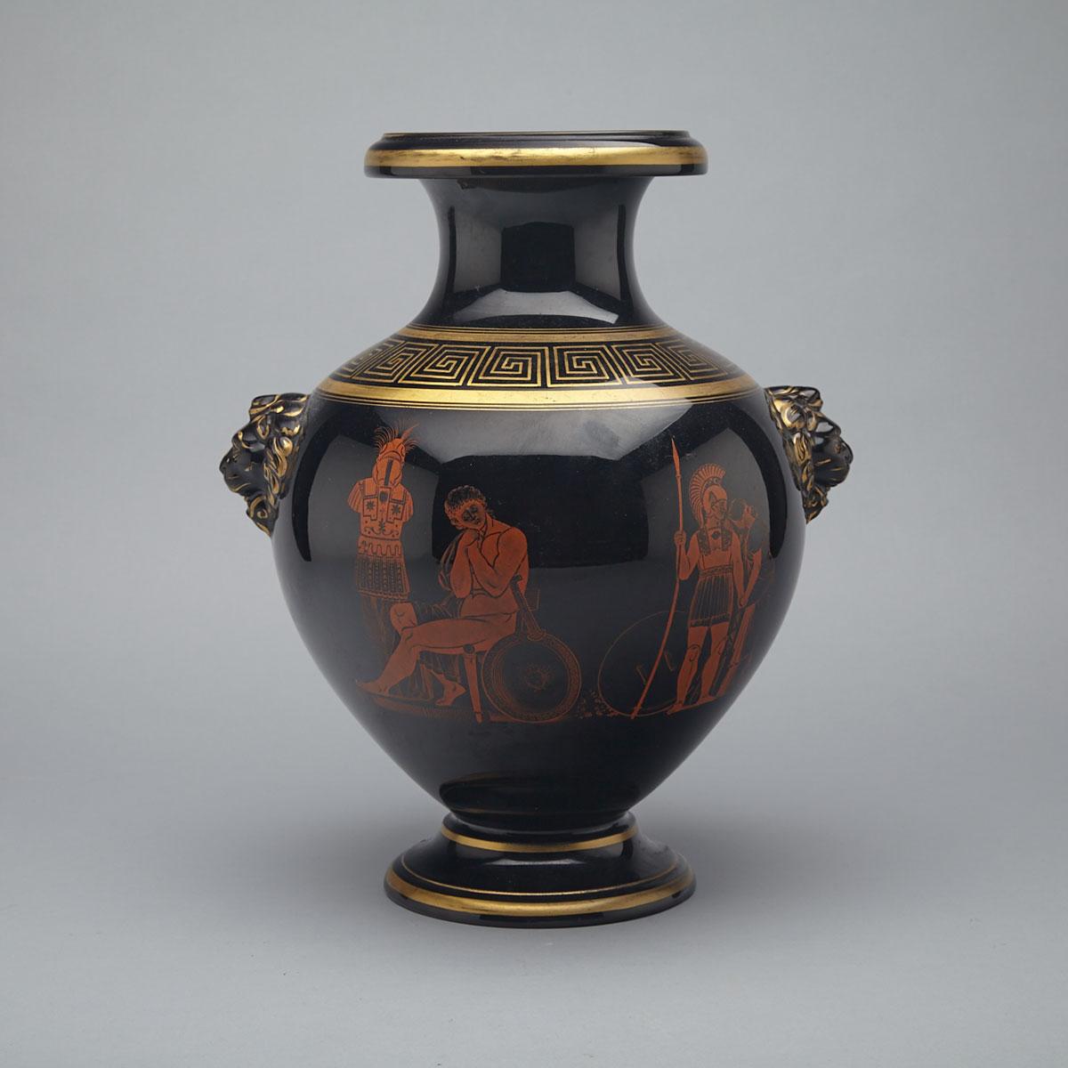 English Mirror Black Glazed Terra Cotta Greek Hydria Form Vase, 19th century