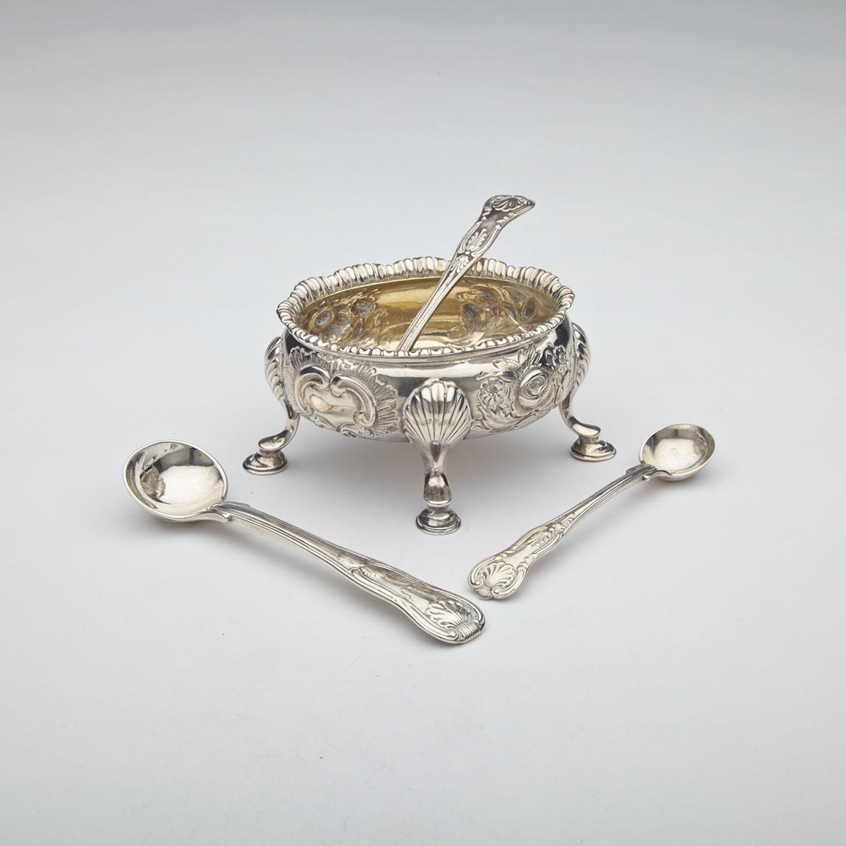 George II Silver Oval Salt Cellar, London, 1755 and Three Later Kings Pattern Salt Spoons
