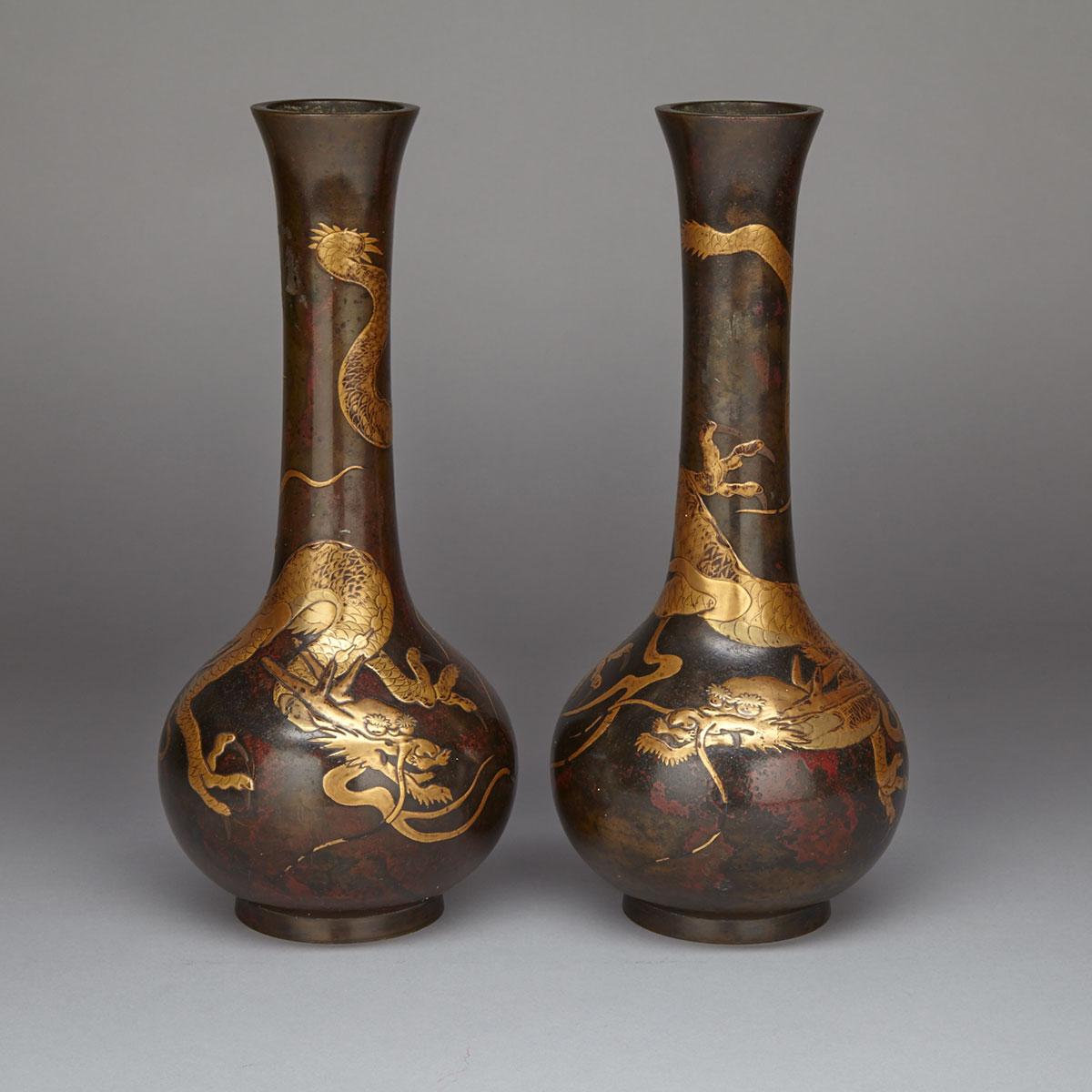 Pair of Japanese Parcel Gilt Bronze Bottle Vases, Meiji Period, 19th century