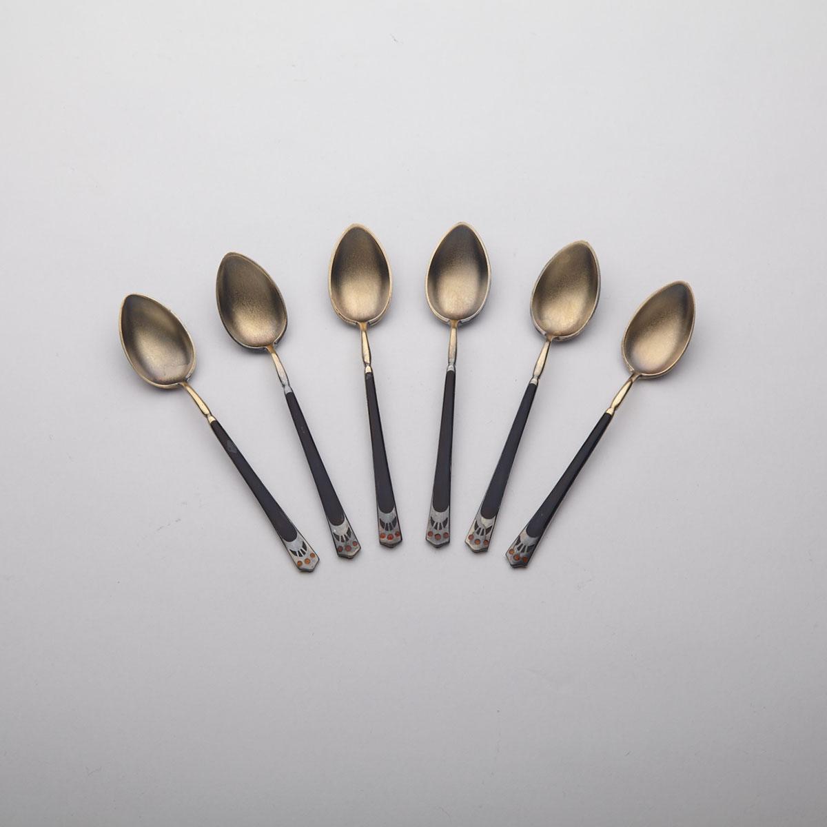 Six English Art Deco Silver and Enamel Coffee Spoons, Henry James Hulbert, London, c.1925-30