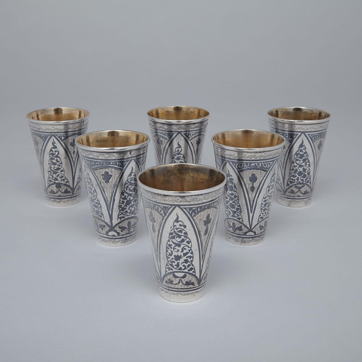 Six Russian Nielloed Silver Vodka Cups, 20th century