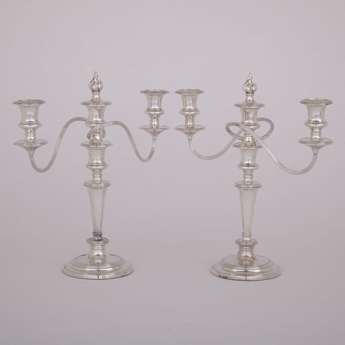 Pair of Silver Plated Three-Light Candelabra, Ellis Barker Silver Co., 20th century