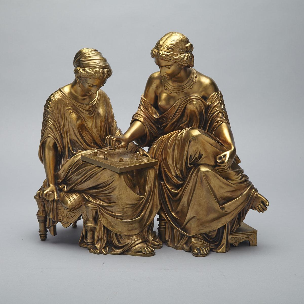 French Gilt Bronze Group of Two Classical Maidens Playing Board Game, late 19th century