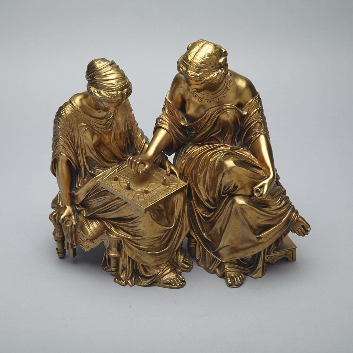 French Gilt Bronze Group of Two Classical Maidens Playing Board Game, late 19th century