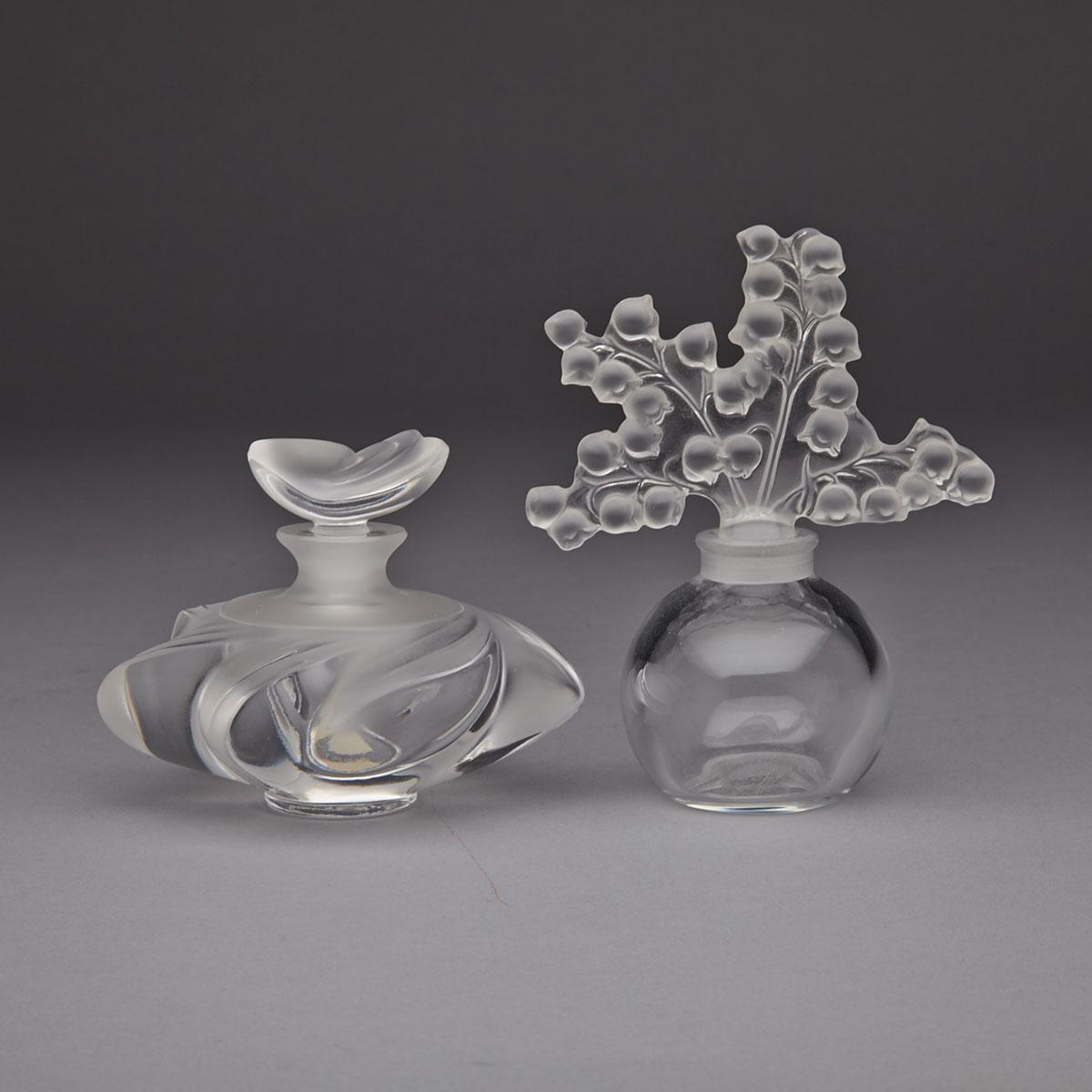 ‘Samoa’ and ‘Clairefontaine’, Two Lalique Moulded and Frosted Glass Perfume Bottles, 20th century