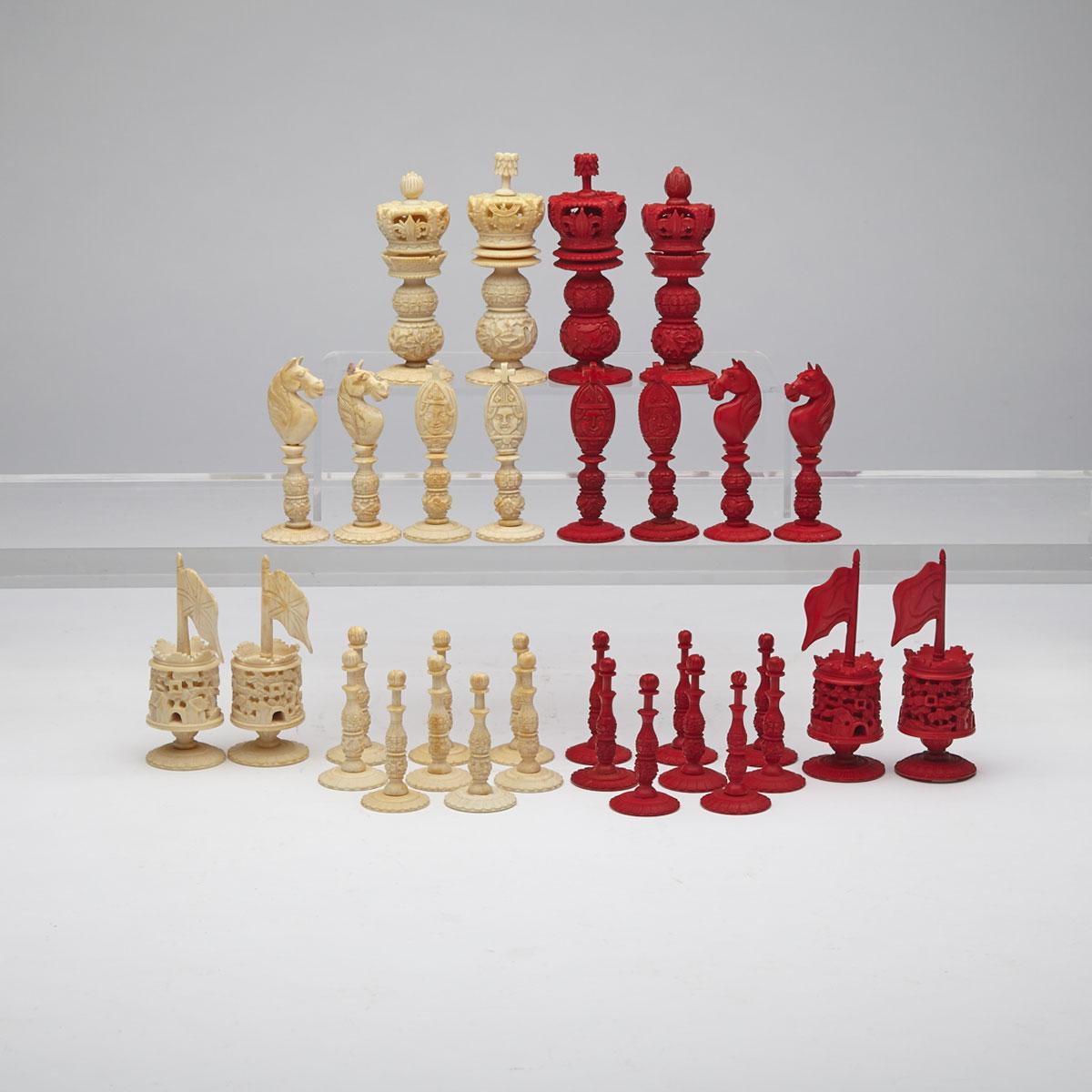 Anglo-Indian Turned and Carved Ivory Chess Set, mid 19th century