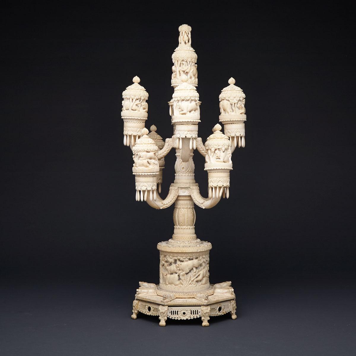 Anglo-Indian Carved Ivory Candelabrum Form Cricket Cage Stand, 19th century