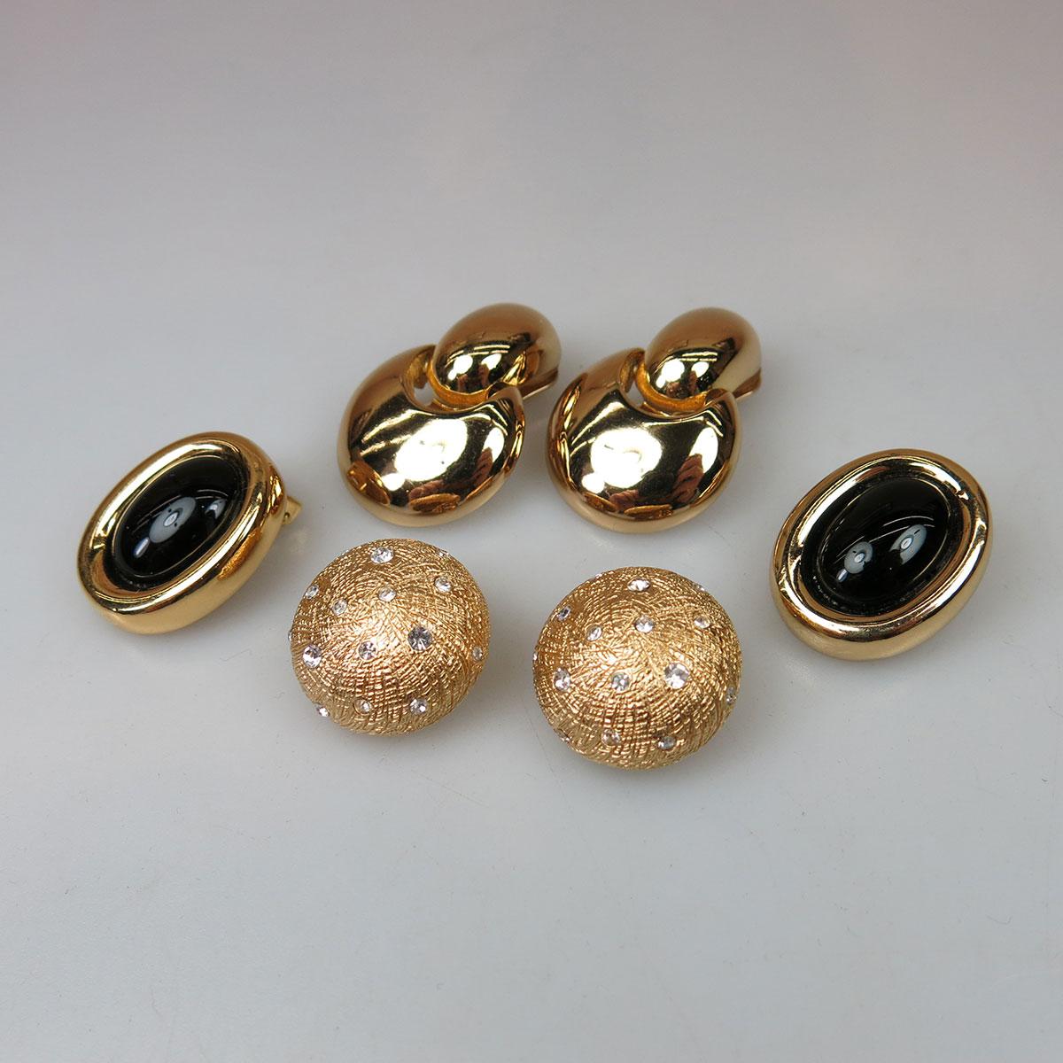 3 Pairs Of Christian Dior Gold Tone Metal Clip-Back Earrings