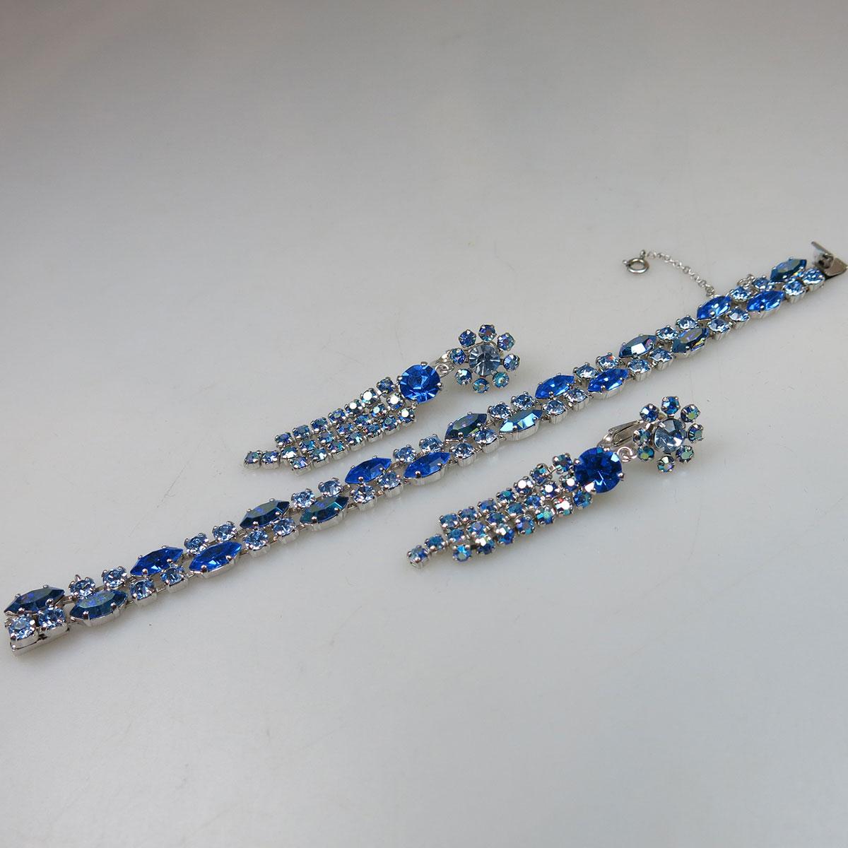 Sherman Silver Tone Metal Strap Bracelet And Earrings set with blue rhinestones