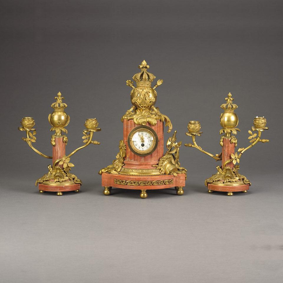 French Gilt Bronze and Marble Clock Garniture, late 19th century