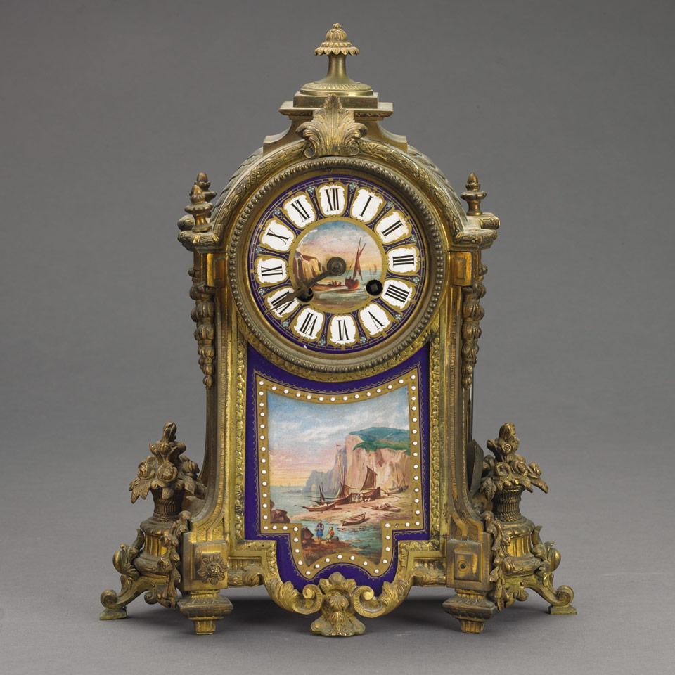 French Porcelain Mounted Gilt Bronze Cased Mantel Clock, late 19th century