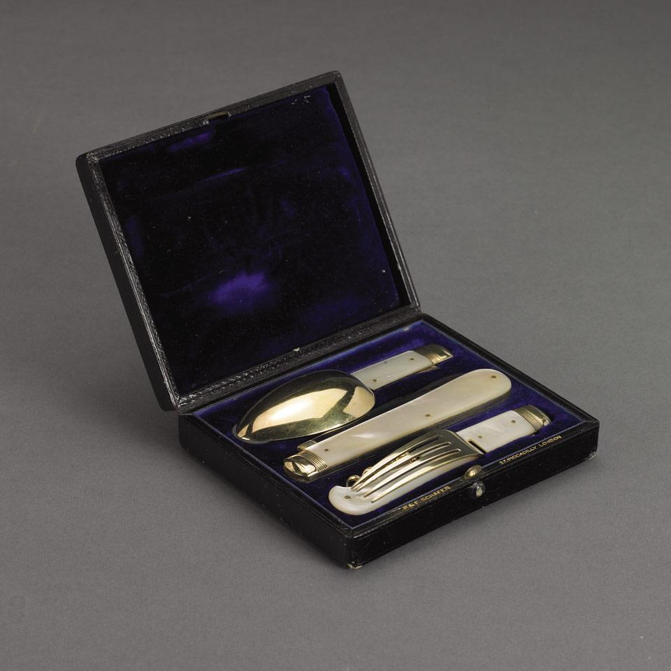 Victorian Gilt Traveling Knife, Fork and Spoon, probably William Hutton & Sons for P. & F. Schafer of London, late 19th century
