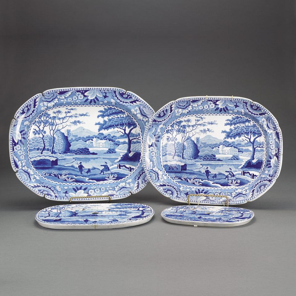 Two Staffordshire Blue Printed ‘Lakeside Meeting’ Platters and Two Mazarines, early 19th century