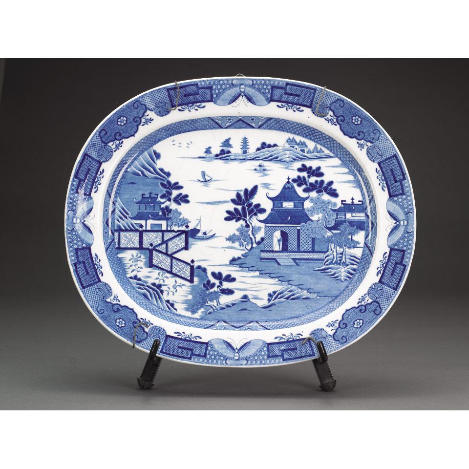 Staffordshire Blue Printed Chinoiserie Oval Platter, early 19th century