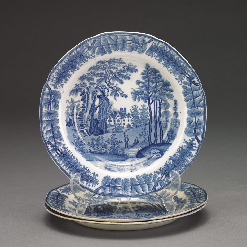 Two Davenport Blue Printed Plates and a Soup Plate, c.1800