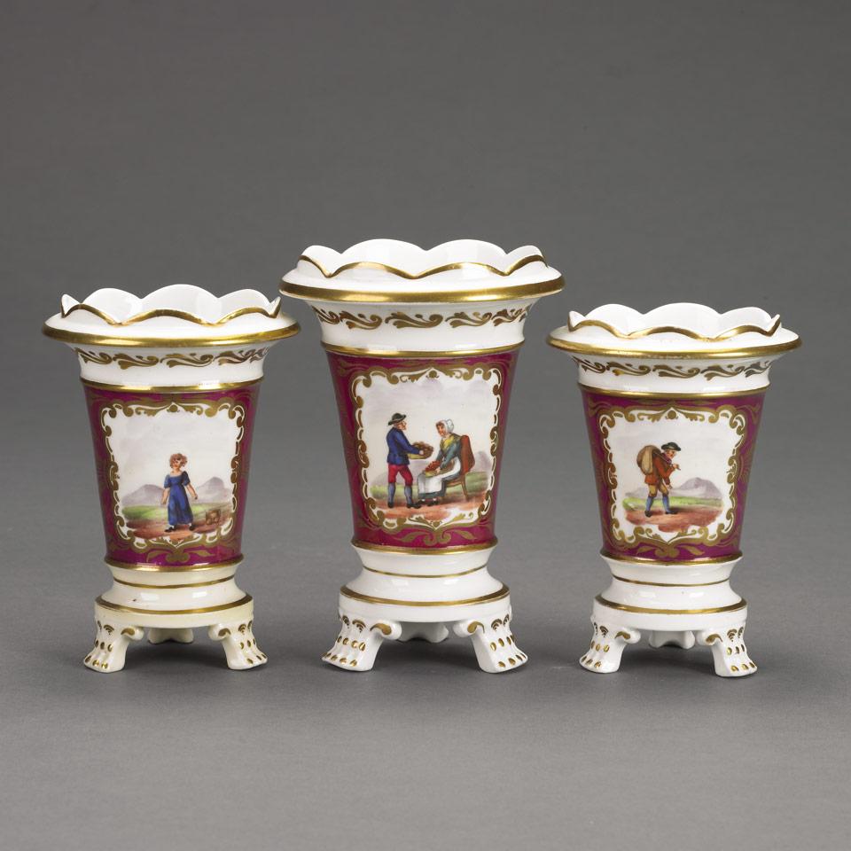 Garniture of Three English Porcelain Spill Vases, second quarter of the 19th century