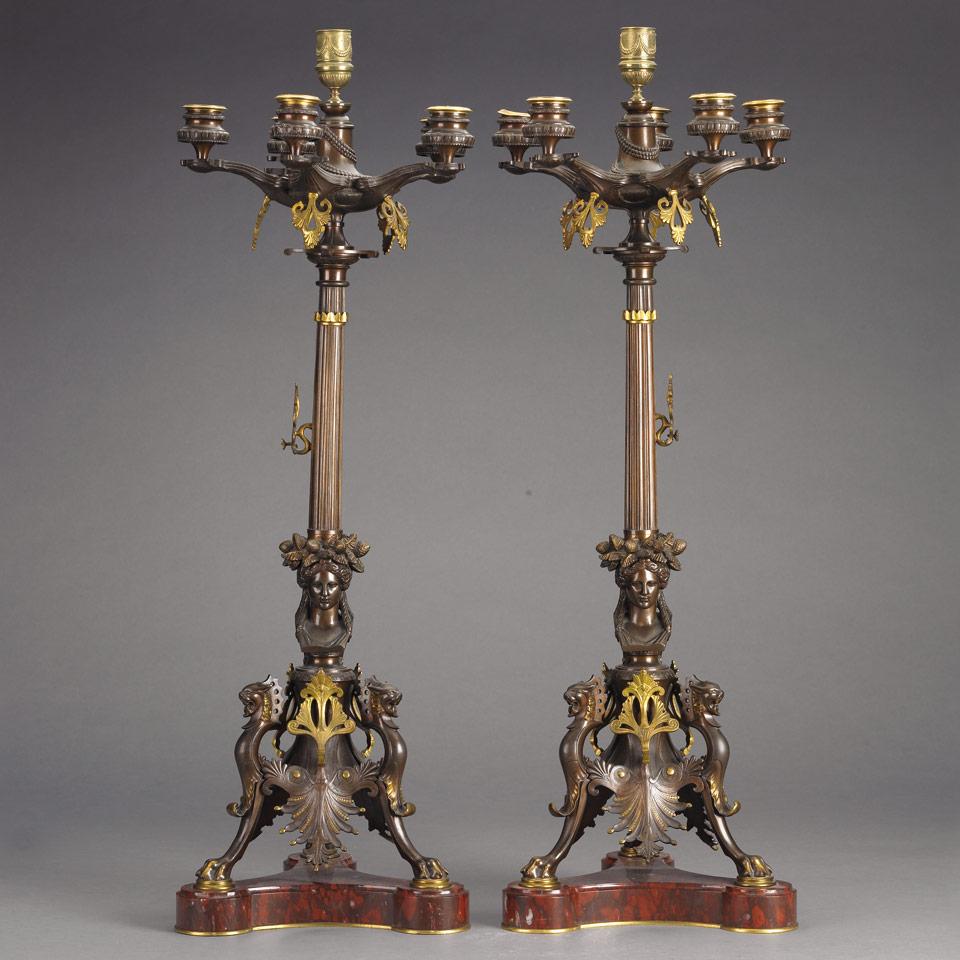 Pair of French Gilt and Patinated Bronze and Marble Six-Light Candelabra, late 19th century