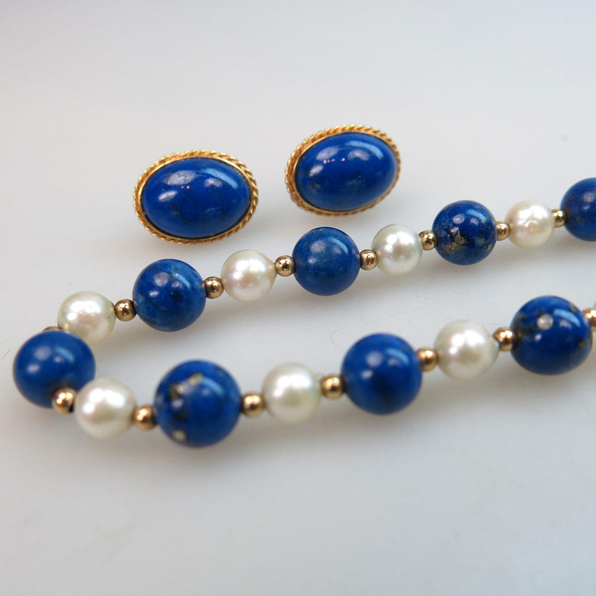 Single Strand Lapis Bead And Cultured Pearl Necklace