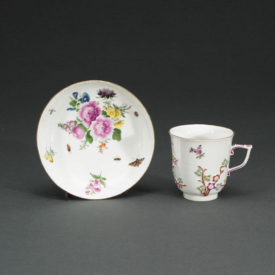 Meissen Moulded Prunus Floral Cup and Saucer, mid-18th century