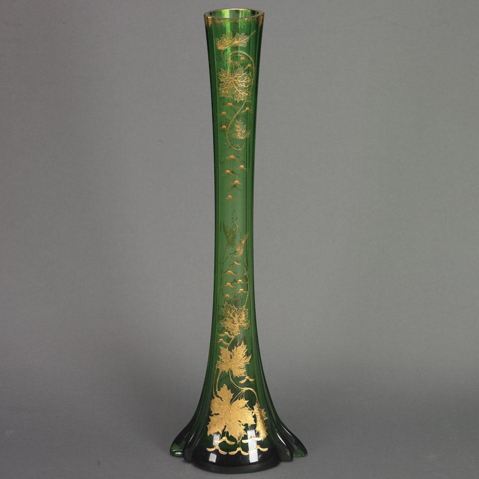 Bohemian Enameled and Gilt Green Glass Vase, late 19th century