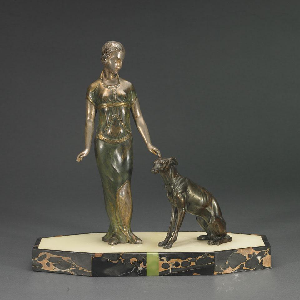 French Silvered and Patinated Metal Group of a Young Woman with Greyhound, c.1930