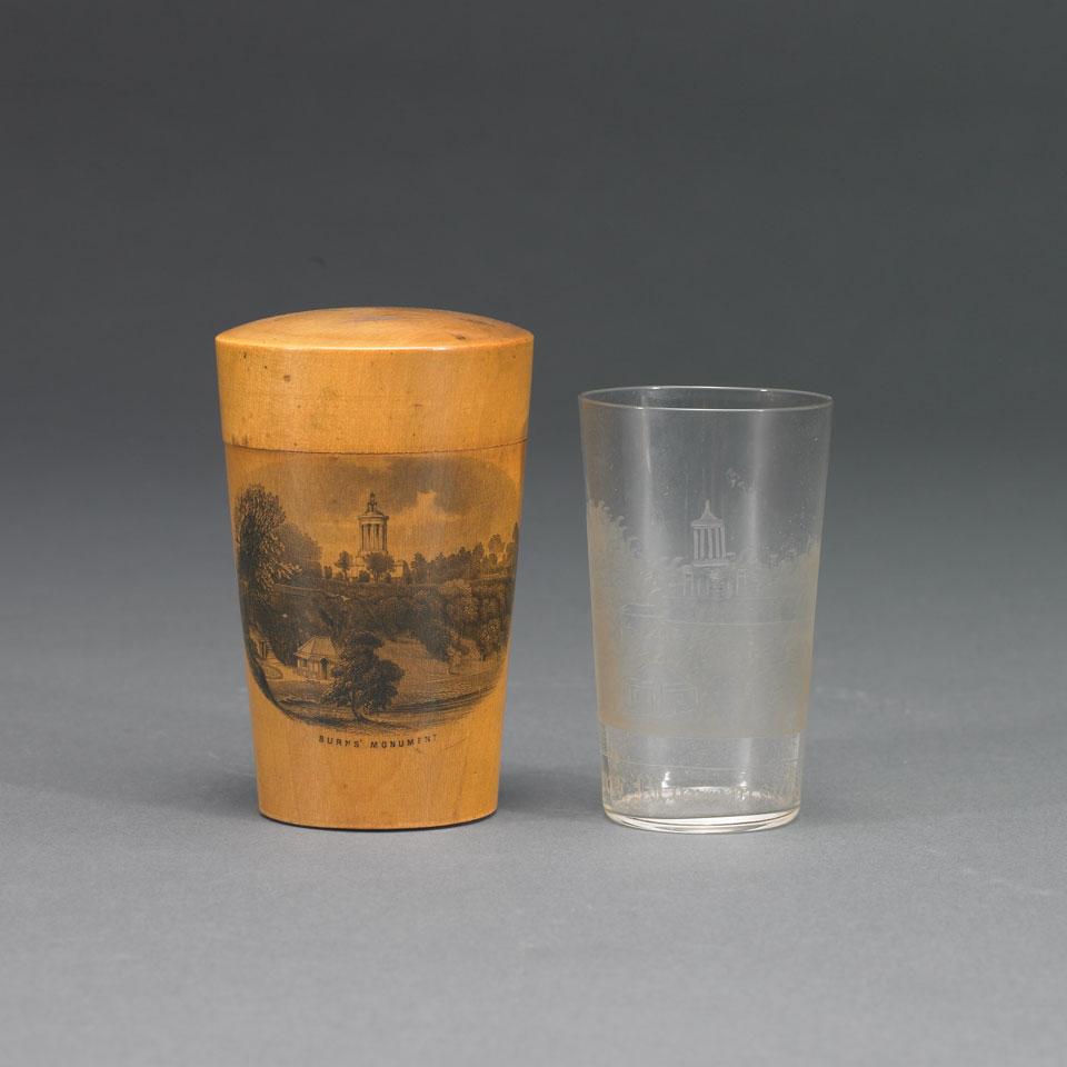 Burns Monument Engraved Glass Beaker in Mauchline Ware Case, mid-19th century