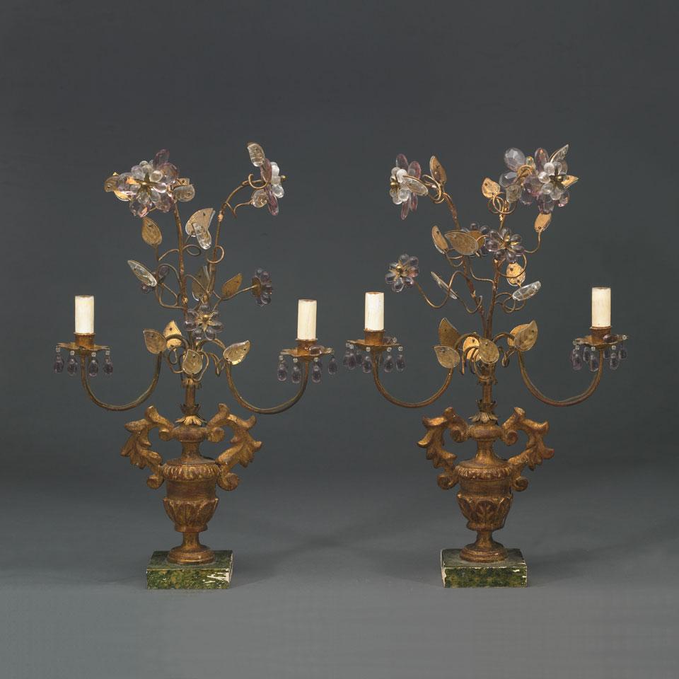 Pair of Continental Painted and Gilt Wood and Metal Two-Light Candelabra, early 20th century