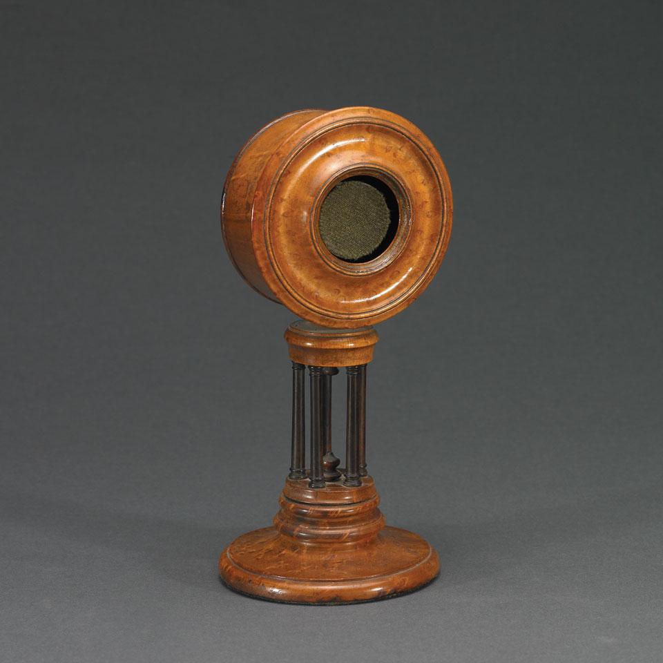 Turned and Carved Bird’s Eye Maple Watchstand, 19th century
