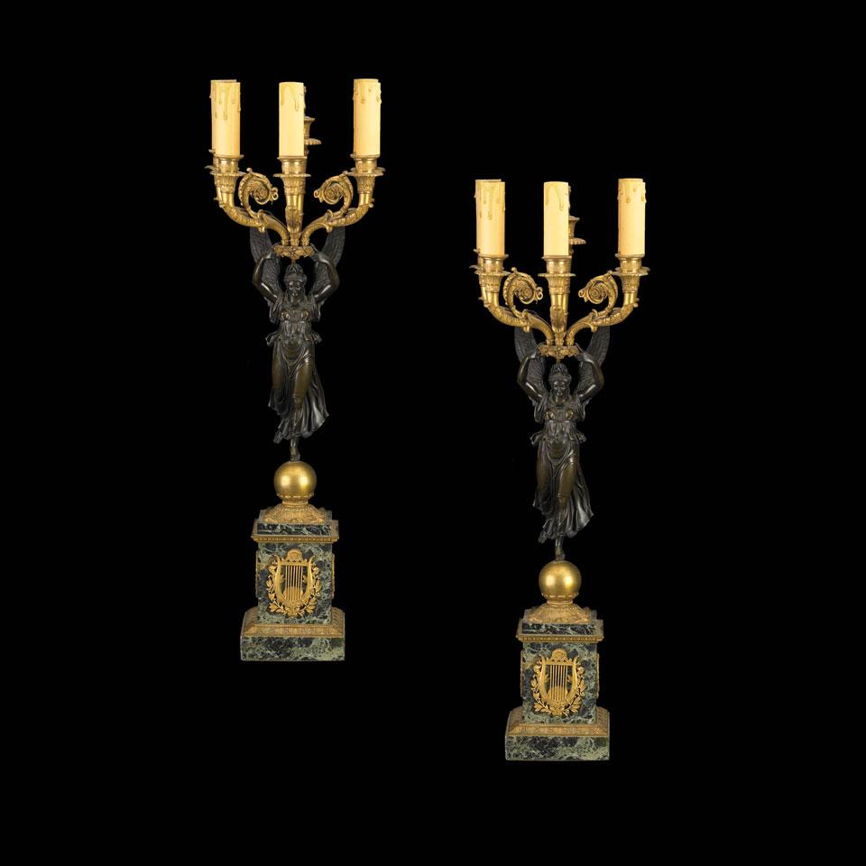 Pair of French Gilt and Patinated Bronze and Marble Five-Light Candelabra, late 19th century