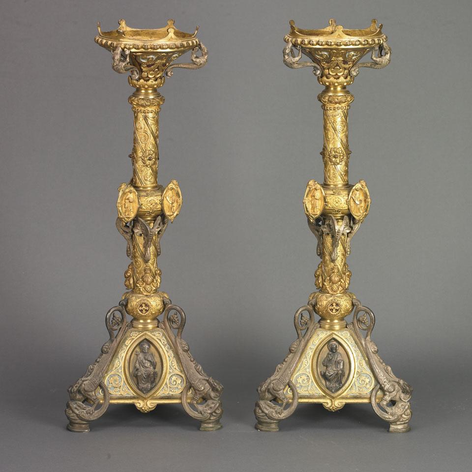 Pair of Continental Silvered and Gilt Brass Altar Candlesticks, late 19th century