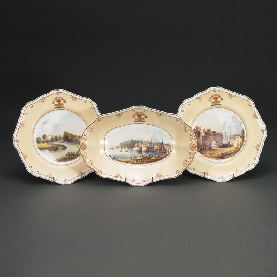 Pair of Spode Topographical Armorial Plates and an Oval Dish, c.1820