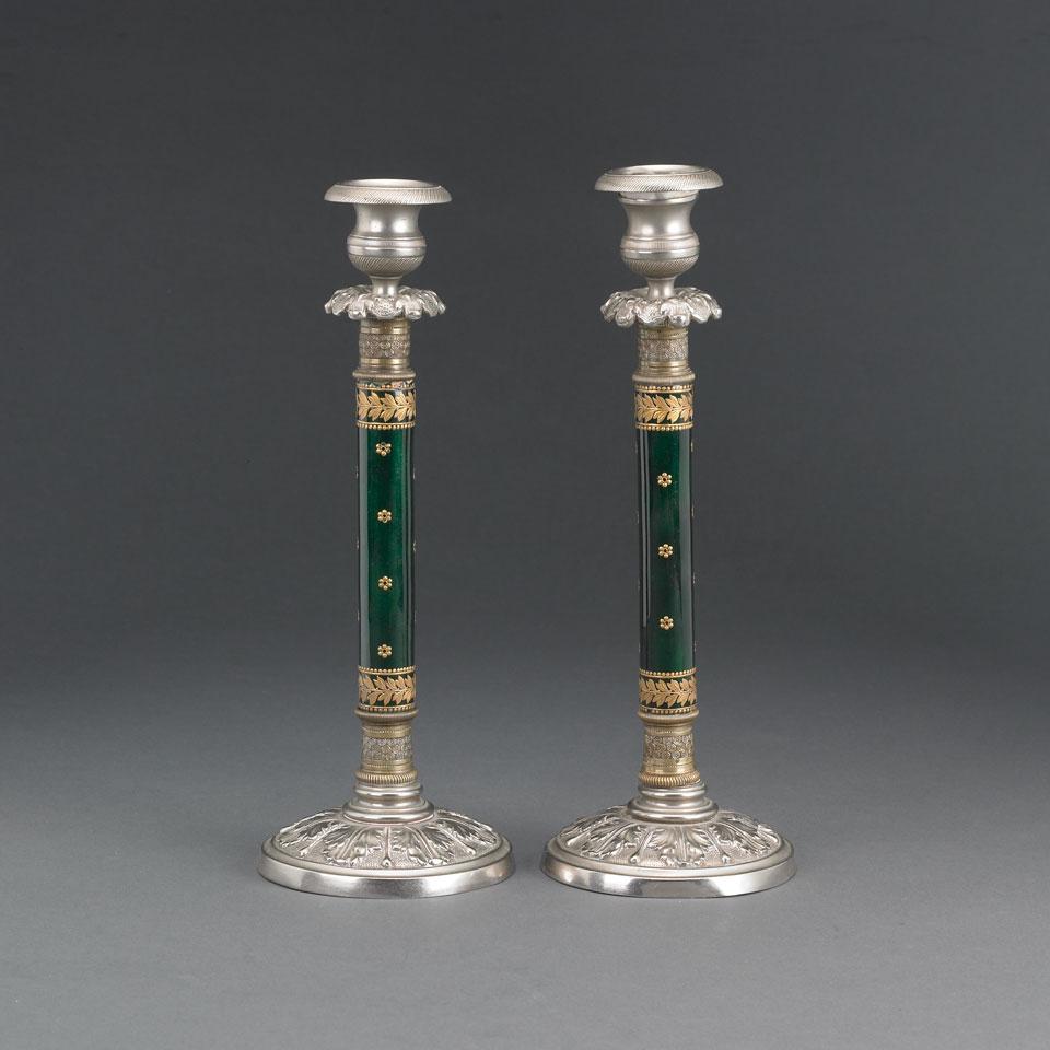 Pair of Continental Silvered and Gilt Metal and Enamel Candlesticks, c.1900