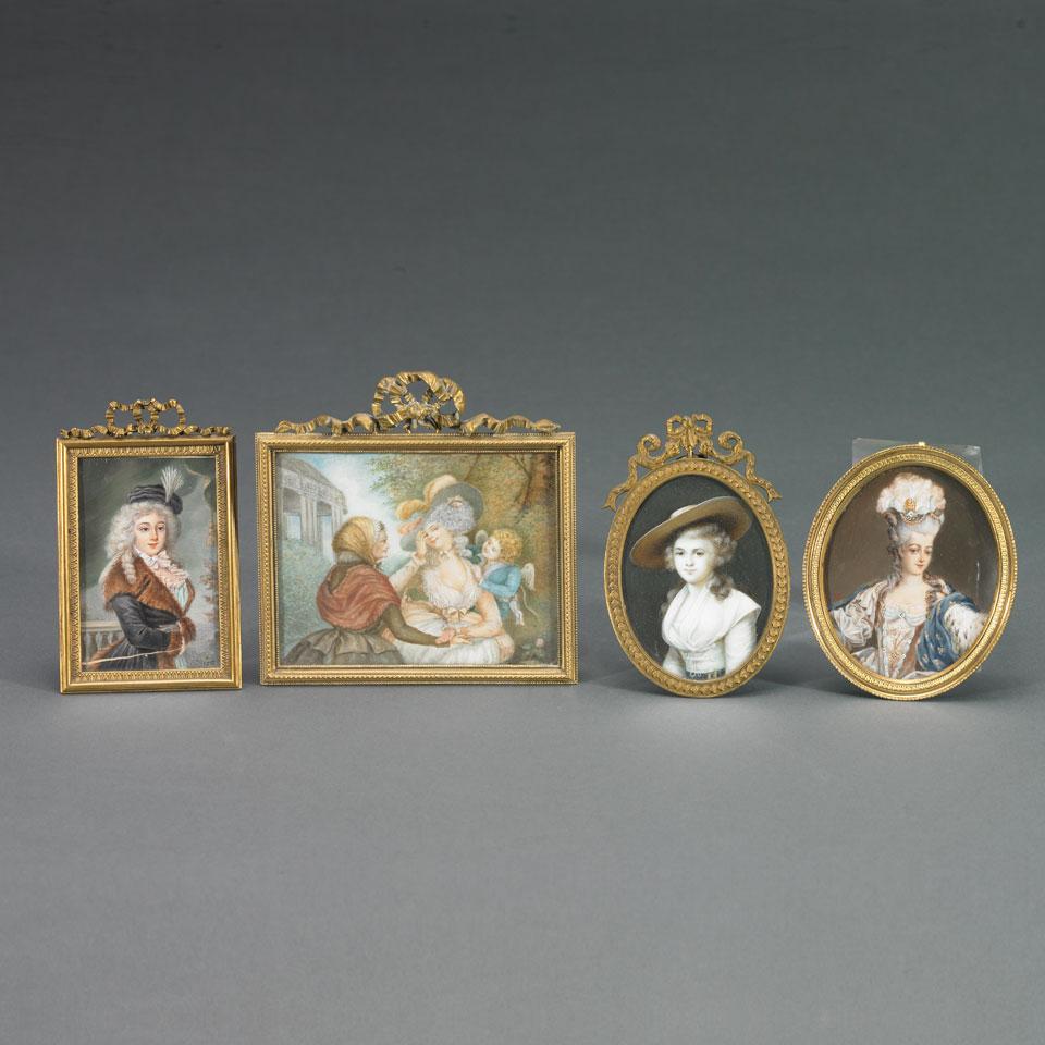Group of Four Painted Miniature Portraits, late 19th/early 20th century