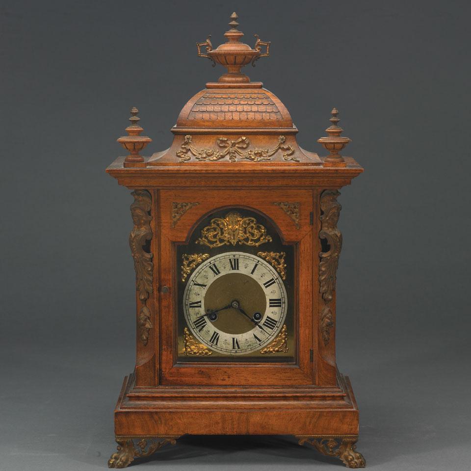 German Carved Walnut Cased Mantel Clock, Junghans, late 19th century