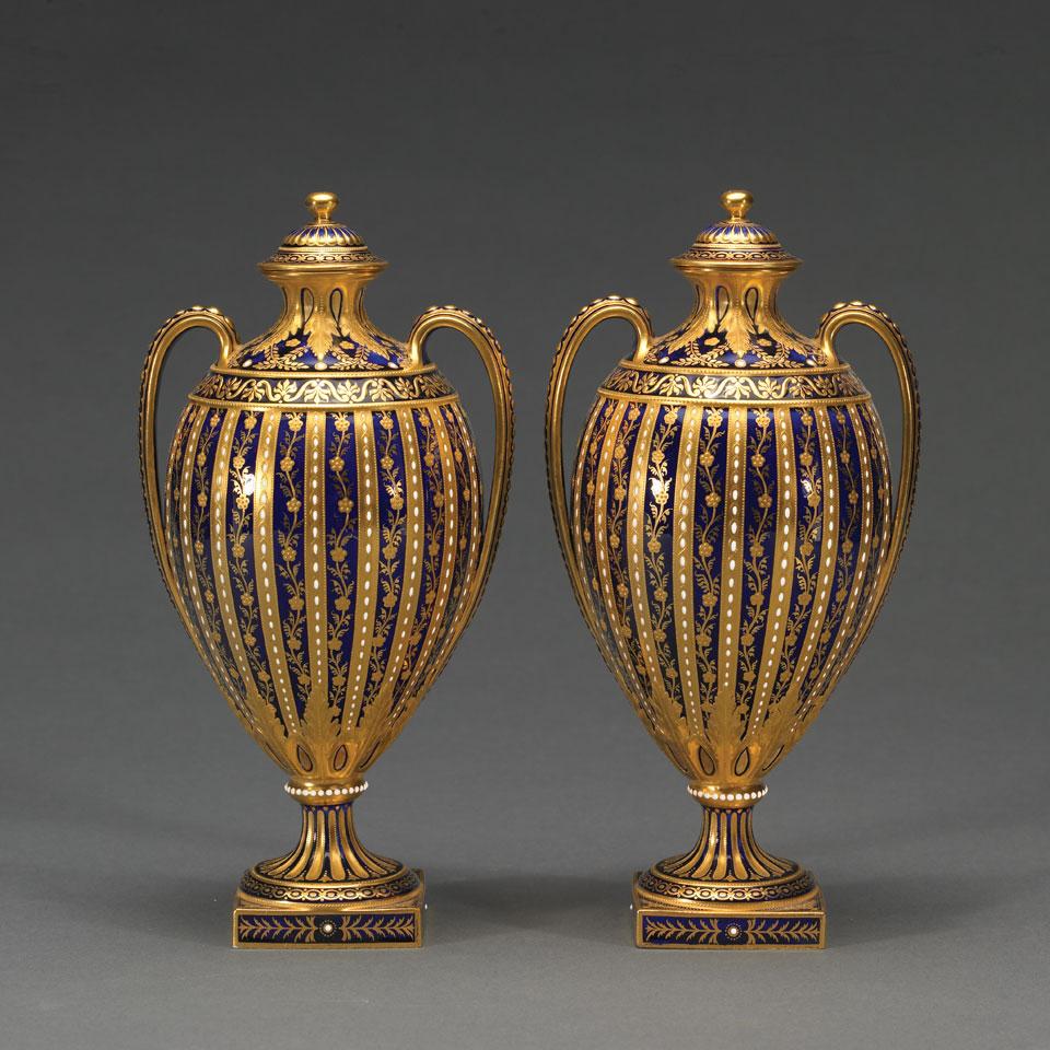 Pair of Crown Derby Two-Handled Vases and Covers, 1889