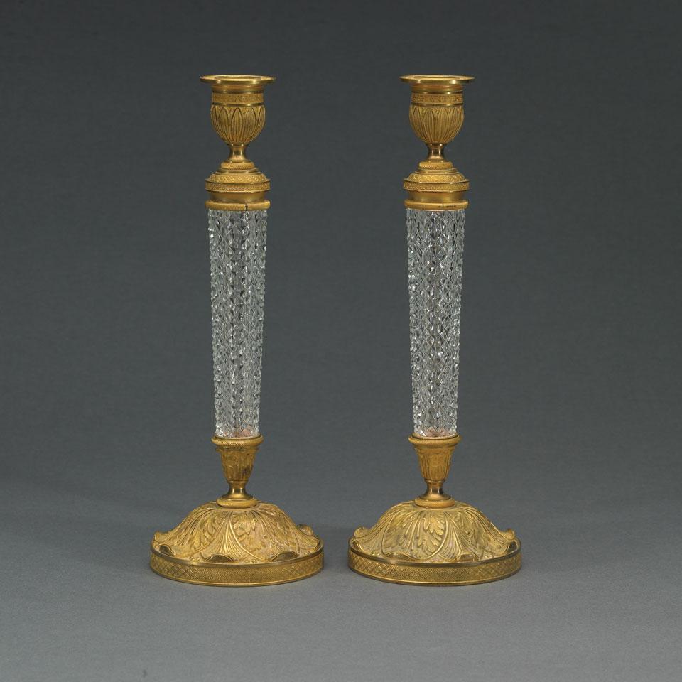 Pair of Continental Gilt Bronze and Cut Glass Candlesticks, 20th century