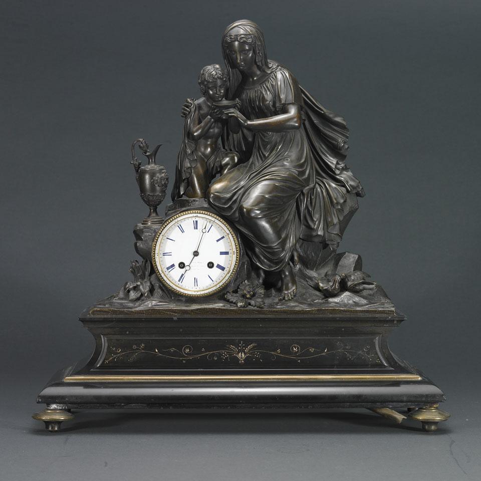 French Bronze and Black Slate Cased Mantel Clock, late 19th century