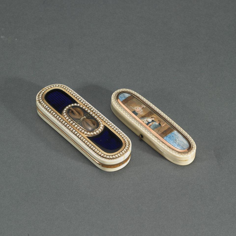 Two Ivory, Gold  and Enamel or Painted Oval Boxes, early 19th century