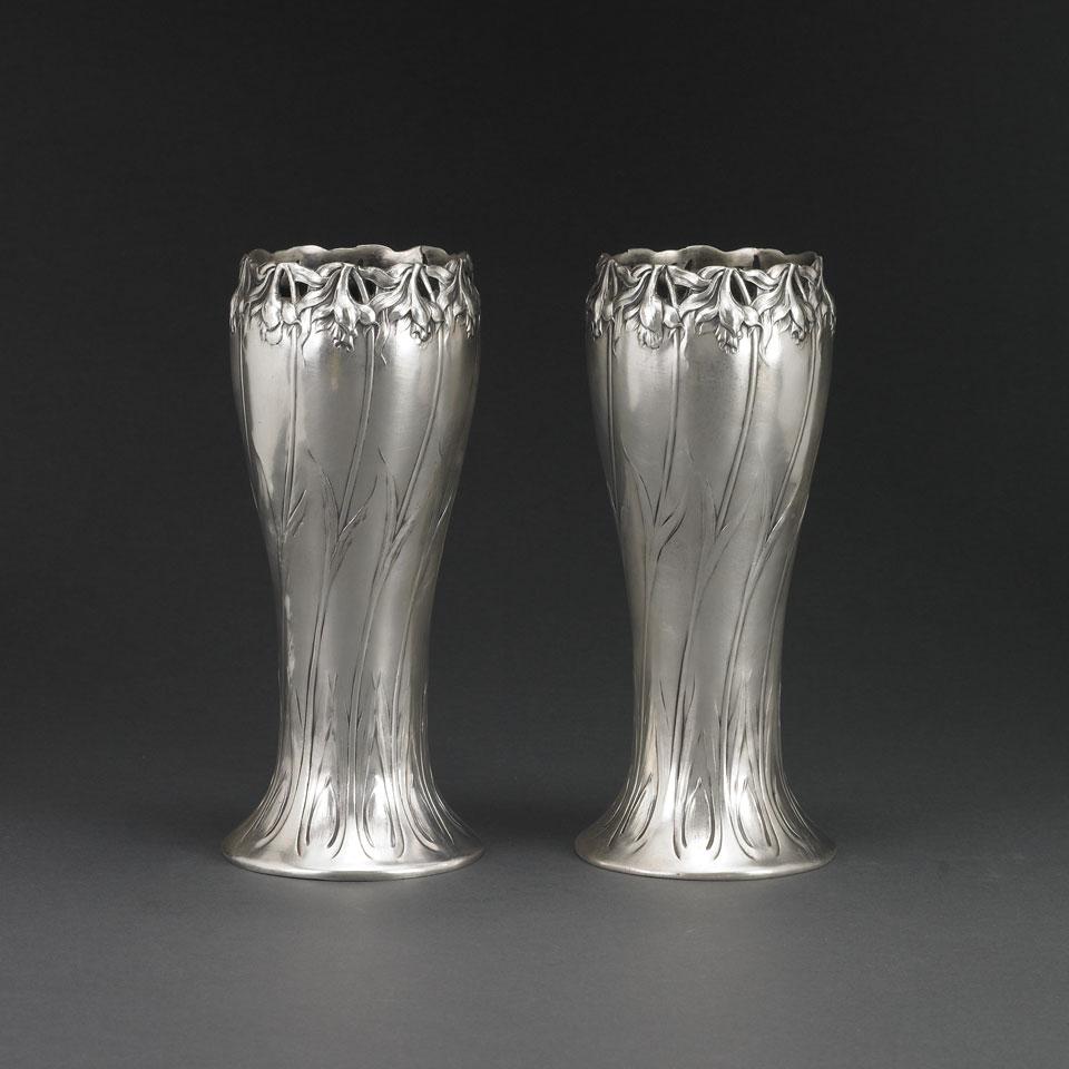 Pair of Gallia Art Nouveau Silvered Metal Vases, early 20th century