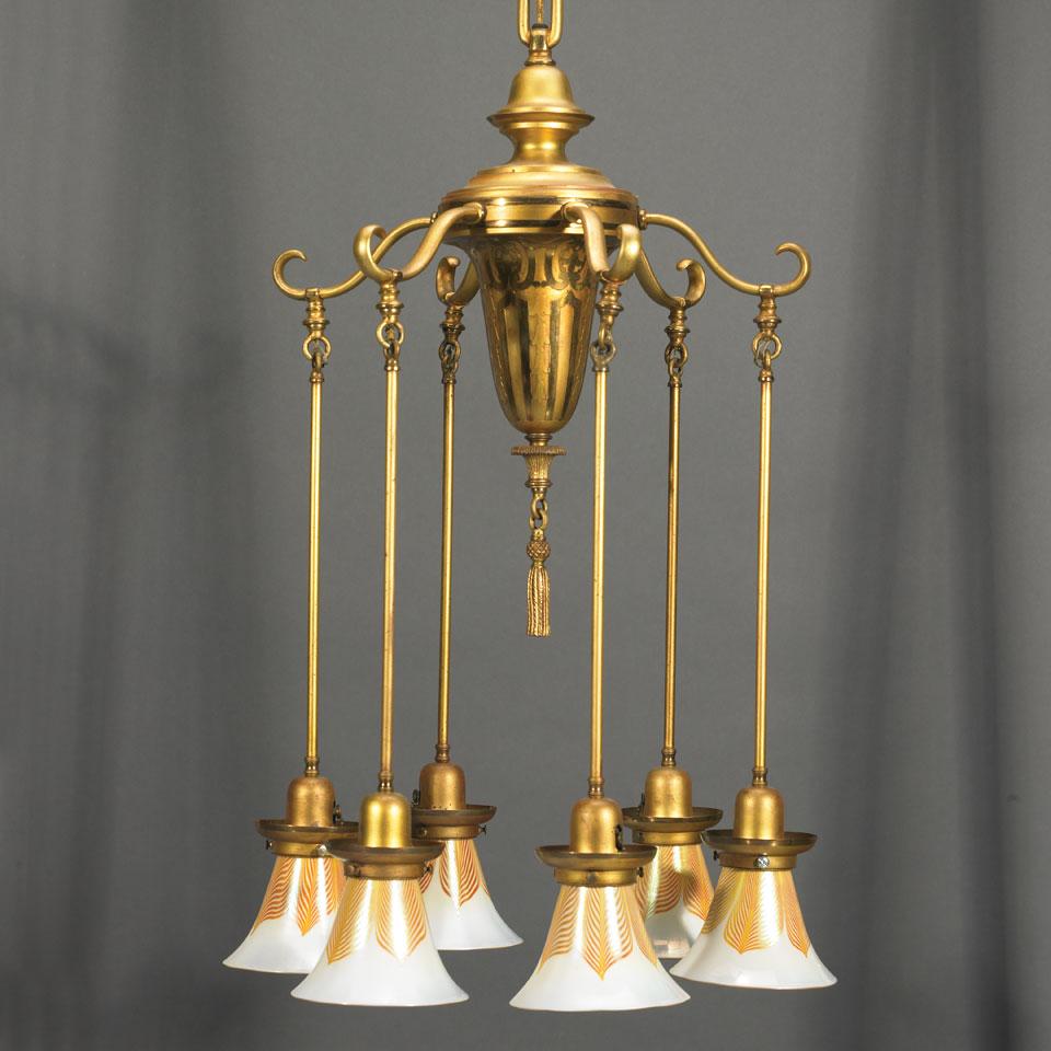 Steuben Decorated Iridescent Glass and Gilt Brass Six-Light Chandelier, early 20th century