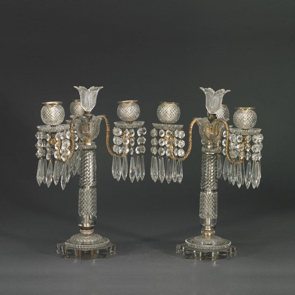 Pair of French Silvered Metal and Cut Glass Three-Light Candelabra, late 19th century