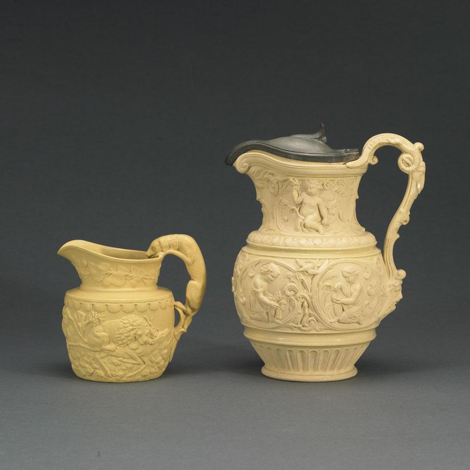 Two English Moulded Buff Stoneware Jugs, mid-19th century