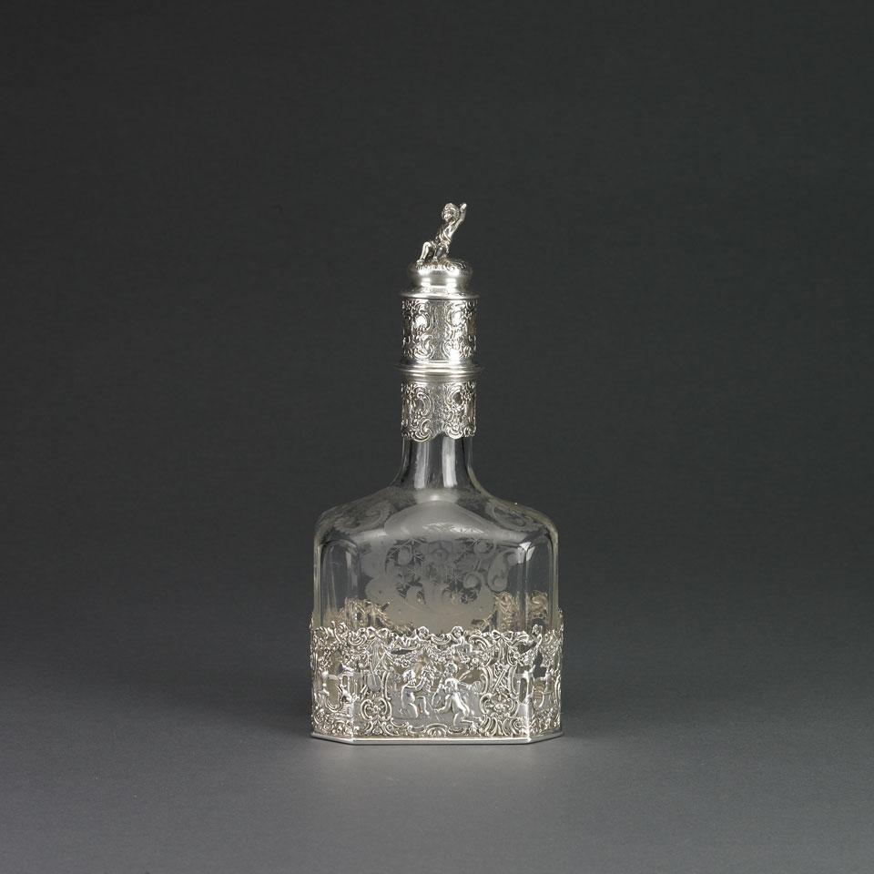 German Silver Mounted Etched Glass Decanter, early 20th century