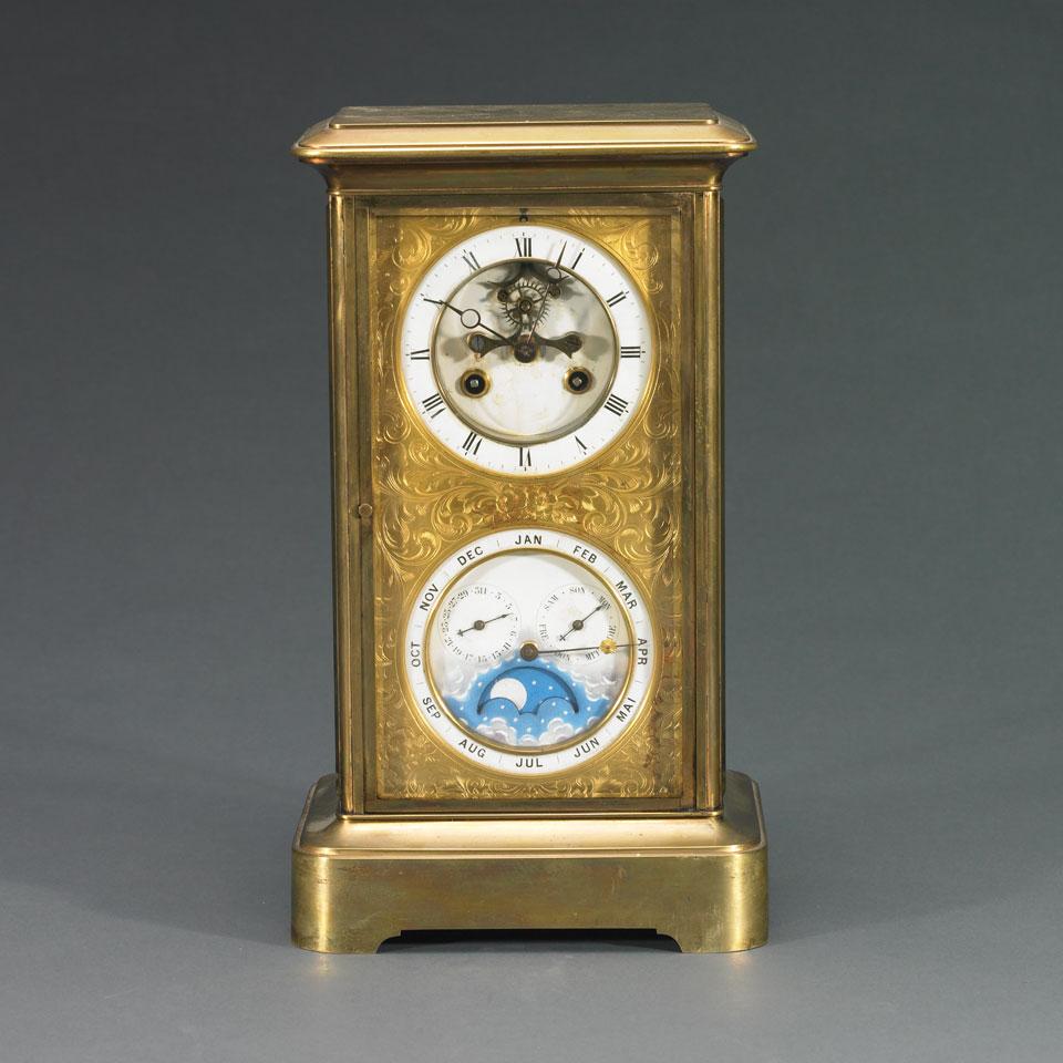 French Brass Cased Mantel Clock with Calendar and Moonphase, probably Henri Picard, c.1880
