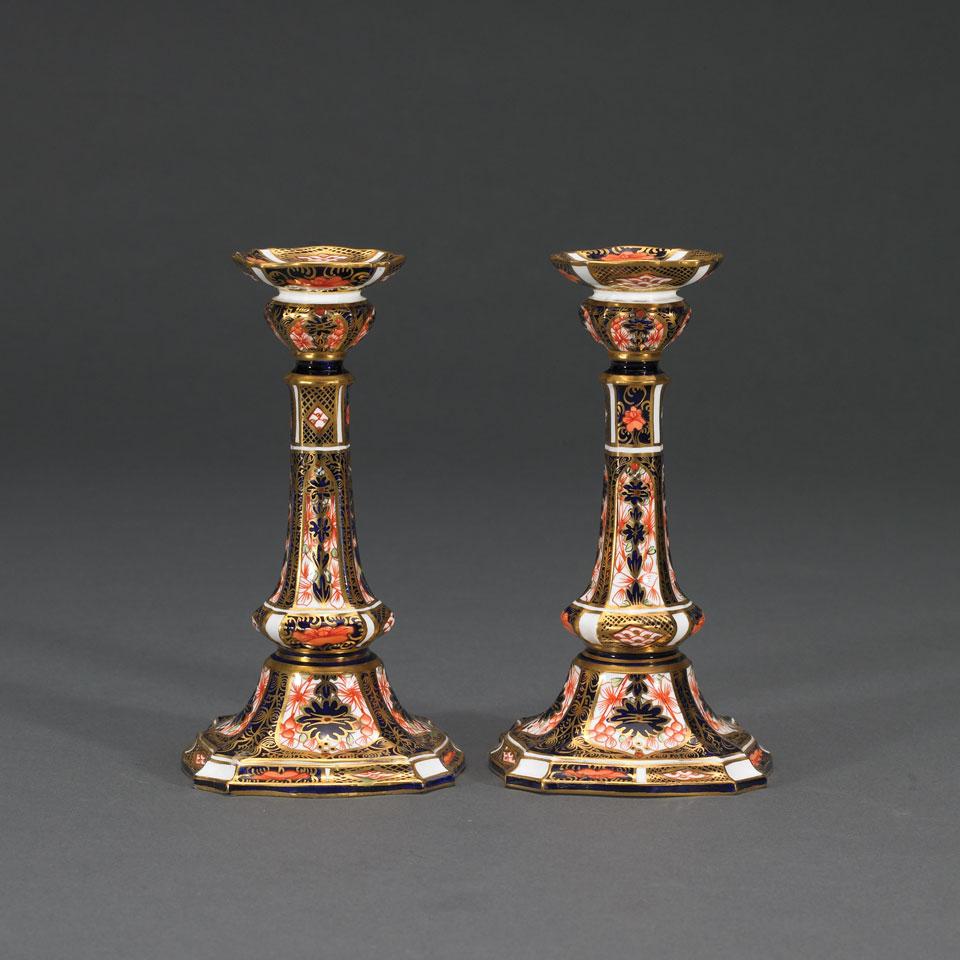 Pair of Royal Crown Derby Imari (1128) Pattern Candlesticks, 1919-20