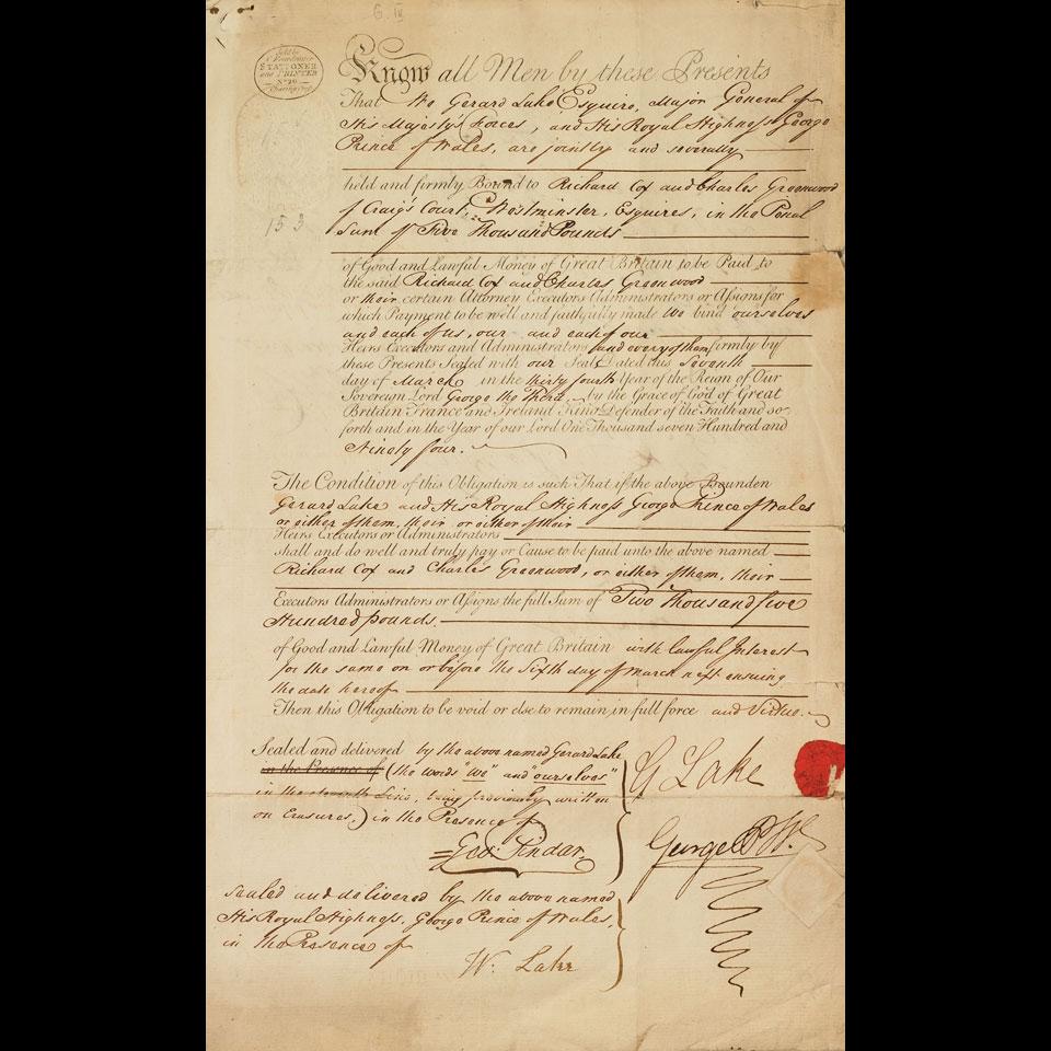 Document Signed by George Prince of Wales (later George IV) and General Gerard Lake, March 7, 1794