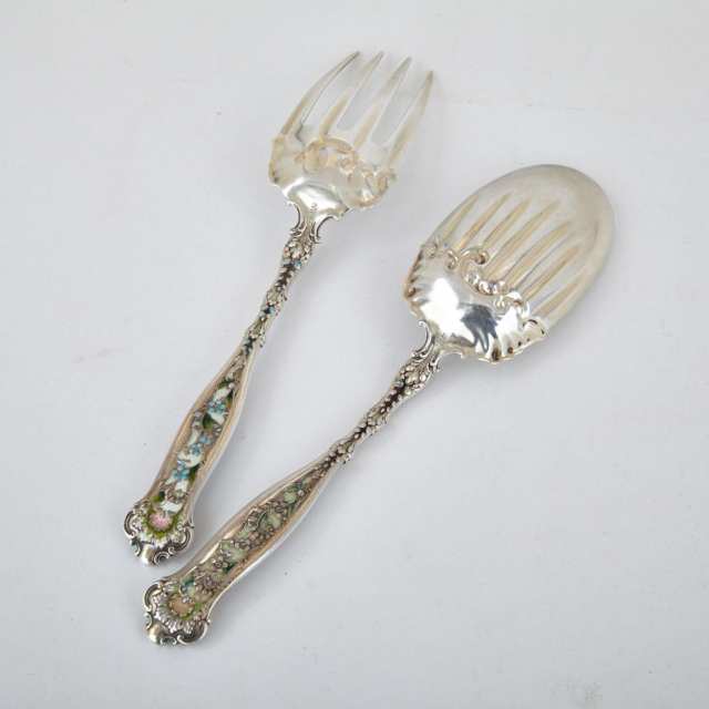 American Enameled Silver Serving Spoon and Fork, Whiting Mfg. Co., New York, N.Y., c.1900