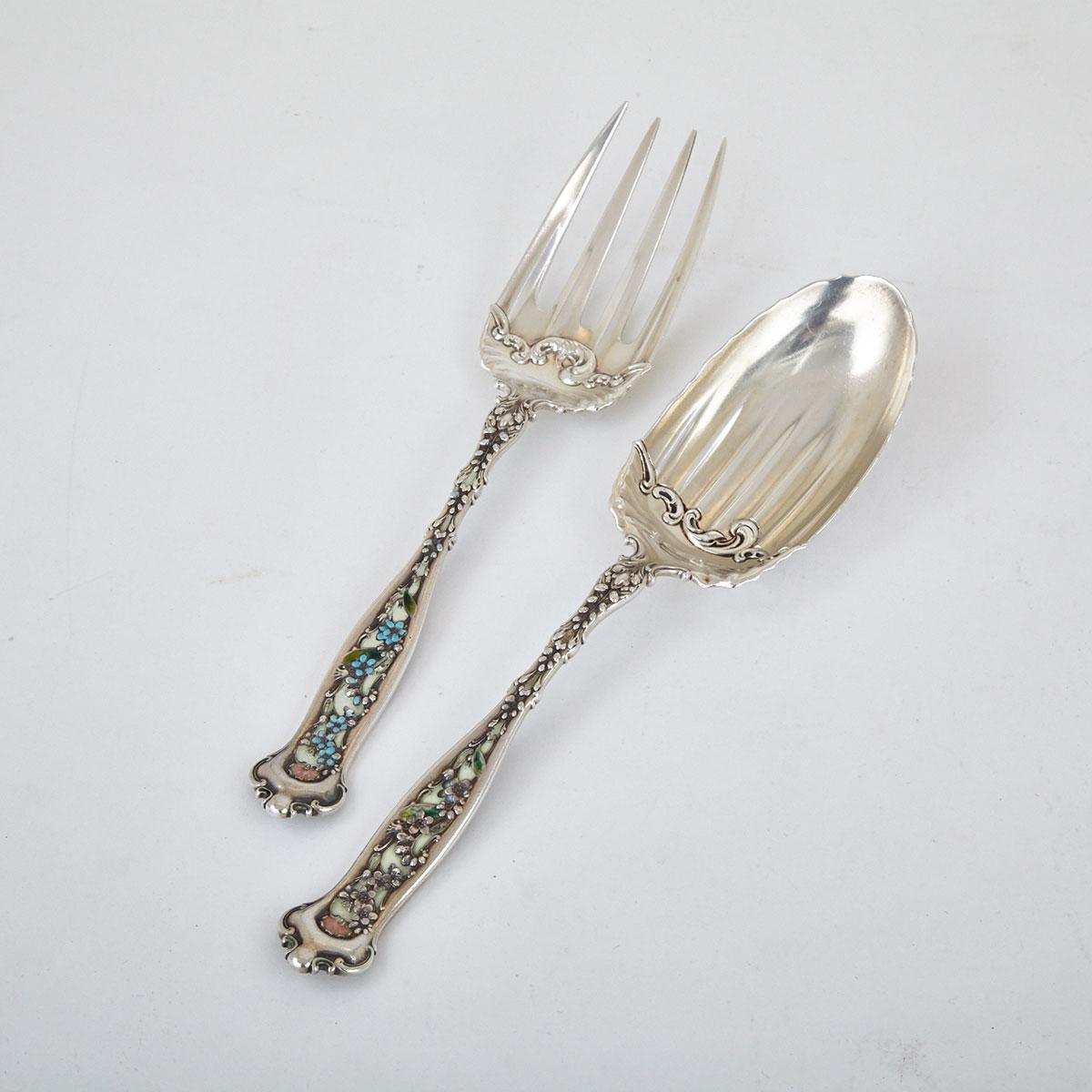 American Enameled Silver Serving Spoon and Fork, Whiting Mfg. Co., New York, N.Y., c.1900