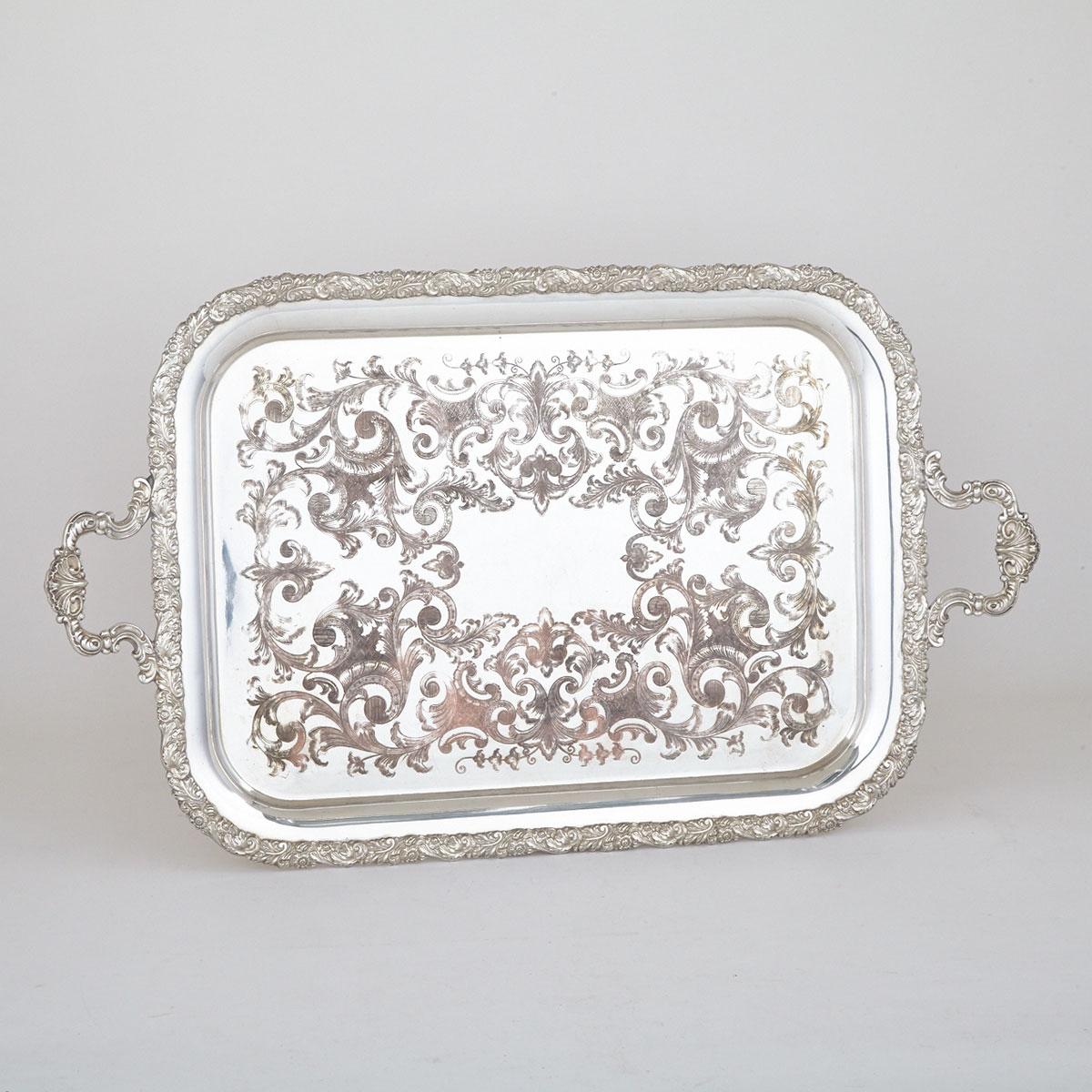 Victorian Silver Plated Two-Handled Rectangular Serving Tray, mid-19th century